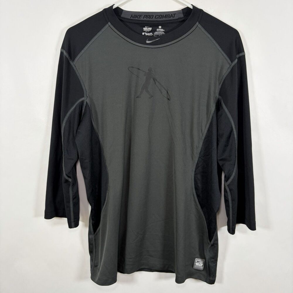 Nike Pro Combat Fitted Ken Griffey Jr 3/4 Sleeve T Shirt Mens Large Gray Black